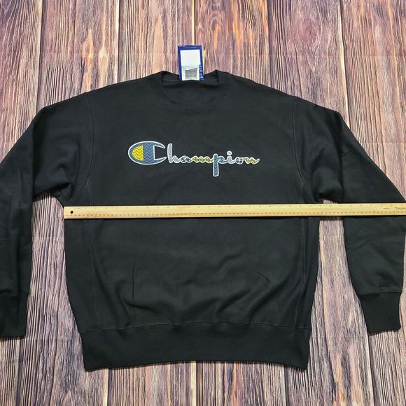 Champion Sweatshirt Mens Large Reverse Weave Black Multicolor Pullover Loose Fit - Picture 7 of 10
